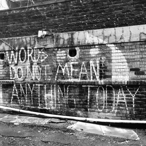 Black and white photo of a brick wall with painted statement 'Words do not mean anything today'