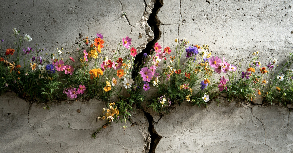 Colourful wild flowers growing out of cracks in a cement wall.