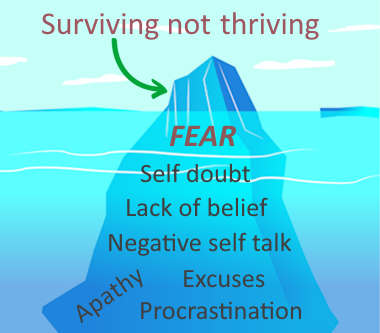 An illustration of an iceberg with words on it below the water line saying fear, self doubt, lack of belief, apathy etc. An arrow is pointing to the section above water saying 'Surviving not thriving'.