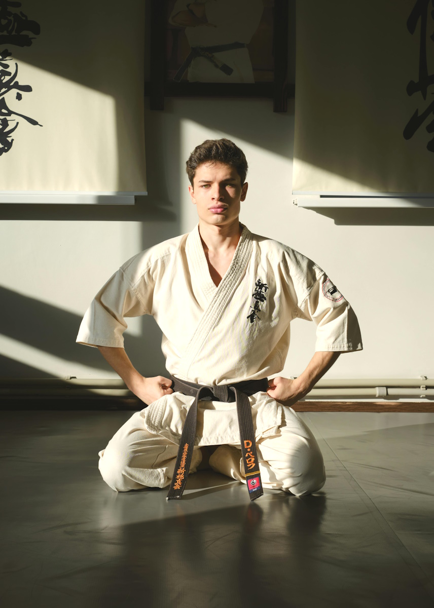 A man in a dojo in a karate uniform sitting crouched with hands on hips looking straight forward.